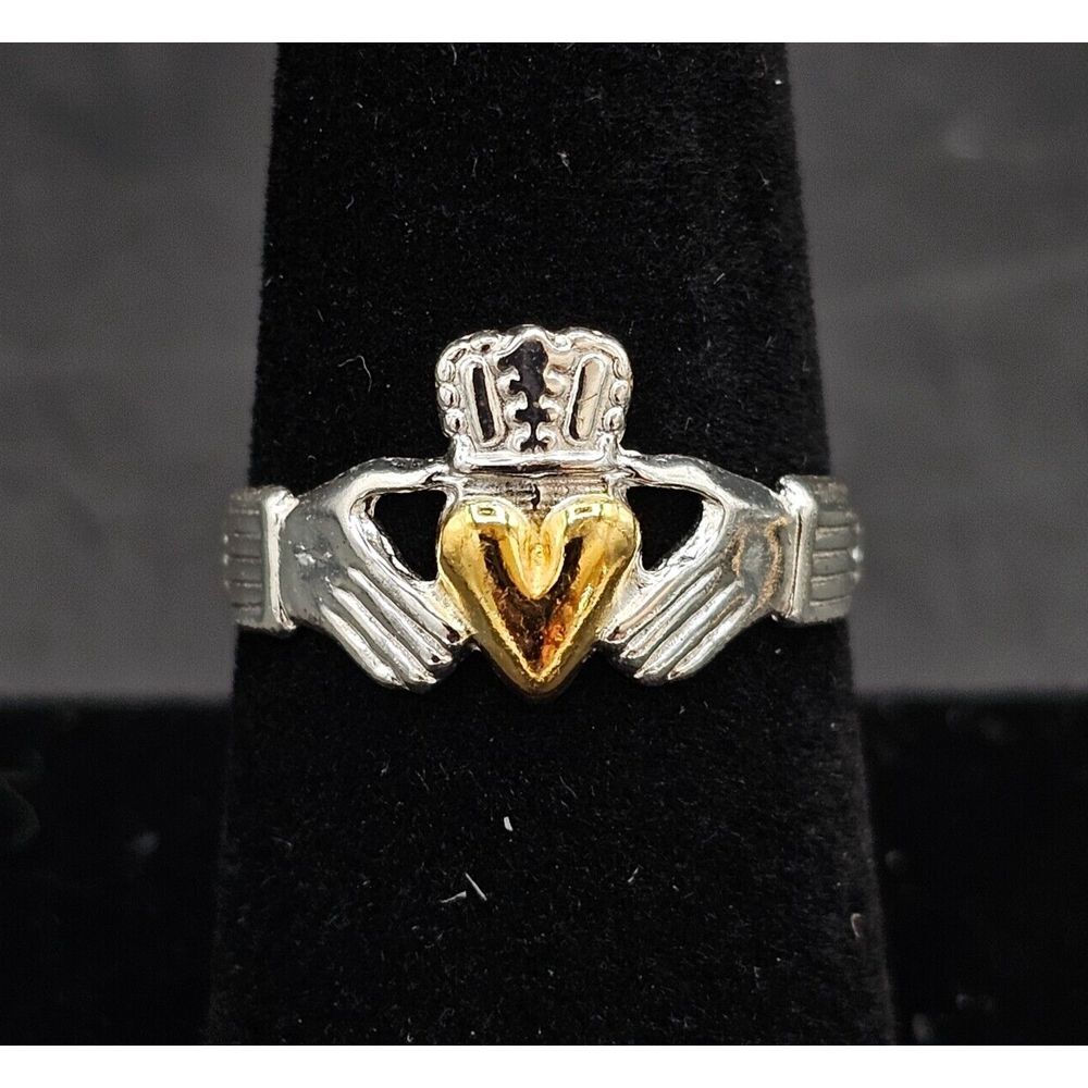 Claddagh Sterling Silver Ring Gold Heart SIGNED Two Toned Celtic SIZE 8